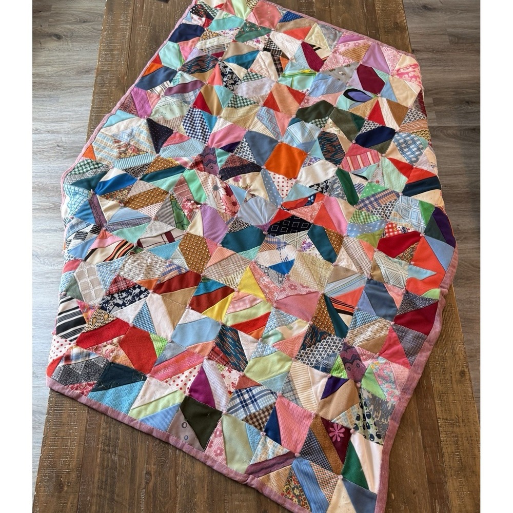 Vintage 70s Crazy Groovy Quilt Handmade Colorful Patchwork Blanket 45x55 READ